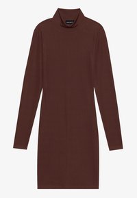 Pruun soonikuga turtleneck kleit pika varrukaga, keha järgi tohiv kuju, sile tekstuur ja põlvikute pikkune ääreosa. Ilma mustrite ja kaunistusteta.