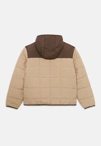 Beige Daunenjacke mit einem braunen Schulterpaneel und Kapuze. Verfügt über eine gesteppten Textur und elastische Bündchen. Einfaches Design mit minimaler Detailgestaltung.