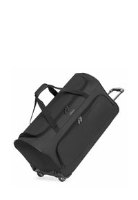 Sac de voyage noir en toile durable, doté de deux poches zippées, de deux poignées robustes et de roulettes lisses pour un transport facile.