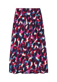 Une jupe mi-longue avec un imprimé abstrait coloré aux teintes de rose, bleu et violet sur un fond sombre ; fabriquée en tissu léger.