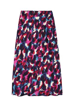 Ein knielanger Rock mit einem bunten abstrakten Druck in den Farben Pink, Blau und Lila auf einem dunklen Hintergrund; aus leichtem Stoff gefertigt.