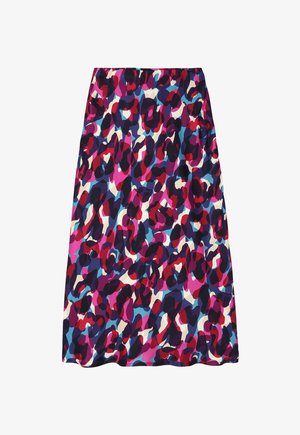 A knee-length skirt featuring a colorful abstract print with shades of pink, blue, and purple on a dark background; made of lightweight fabric.