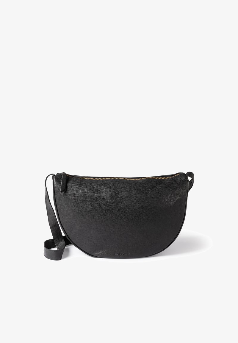 Black leather shoulder bag with a rounded shape, zip closure, and adjustable strap. Textured surface with minimalist design and no visible hardware.
