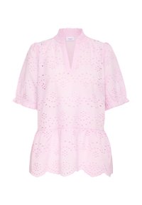 Rosa Baumwollbluse mit Broderie Anglaise Details, einem Ausschnitt im Notch-Stil, kurzen Puffärmeln und einem gerafften Peplum-Saum mit gewelltem Rand.