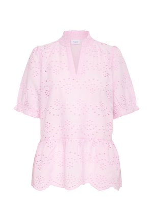 Růžová bavlněná blůza s detaily broderie anglaise, výstřihem ve tvaru notče, krátkými nabíranými rukávy a nařaseným peplum lemem se vykrojeným okrajem.