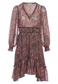 Robe en tissu transparent à motif floral, avec un décolleté en V, de longues manches bouffantes, une taille élastique et un ourlet froncé. Principalement noire avec des accents roses.