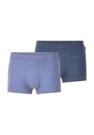 Blaue Baumwoll-Boxershorts, eine hellblaue mit goldenen Nähten und eine dunkelblaue, mit einem figurbetonten Schnitt und einem funktionalen Bündchen.
