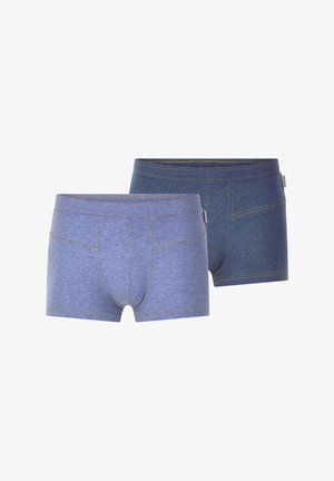 Blue cotton boxer briefs, one light blue with gold stitching and one dark blue, featuring a form-fitting design and functional waistband.