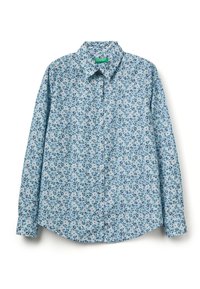 Lichtblauw overhemd met knopen en lange mouwen, voorzien van een bloemenpatroon in donkere blauwtinten en roze, gemaakt van zacht katoen.