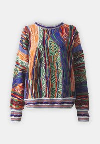 Sweater en tricot coloré avec des motifs vibrants orange, vert, bleu et rouge. Col et poignets côtelés avec des détails texturés partout.