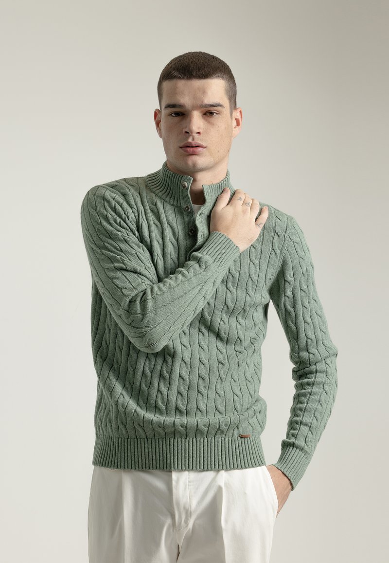 Suéter de punto trenzado en verde salvia, con cuello alto, tapeta de botones, puños y dobladillo acanalados; modelo vistiendo pantalones claros.