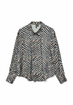 Camicia a maniche lunghe con bottoni in tessuto leggero, caratterizzata da un motivo a strisce zebrate in nero, beige e crema, con colletto a punta e vestibilità rilassata.