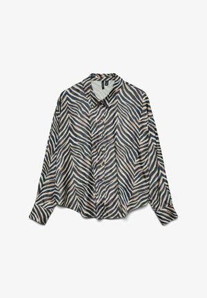 Košulja s dugim rukavima, dugmadi, od laganog materijala, s uzorkom zebra pruga u crnoj, bež i krem boji, s oštrim kragnom i ležernim krojem.