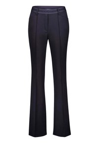 Marineblauwe broek met een gladde textuur, voorzien van een aansluitende tailleband, twee voorkruiszakken en een lichte flared onderkant.