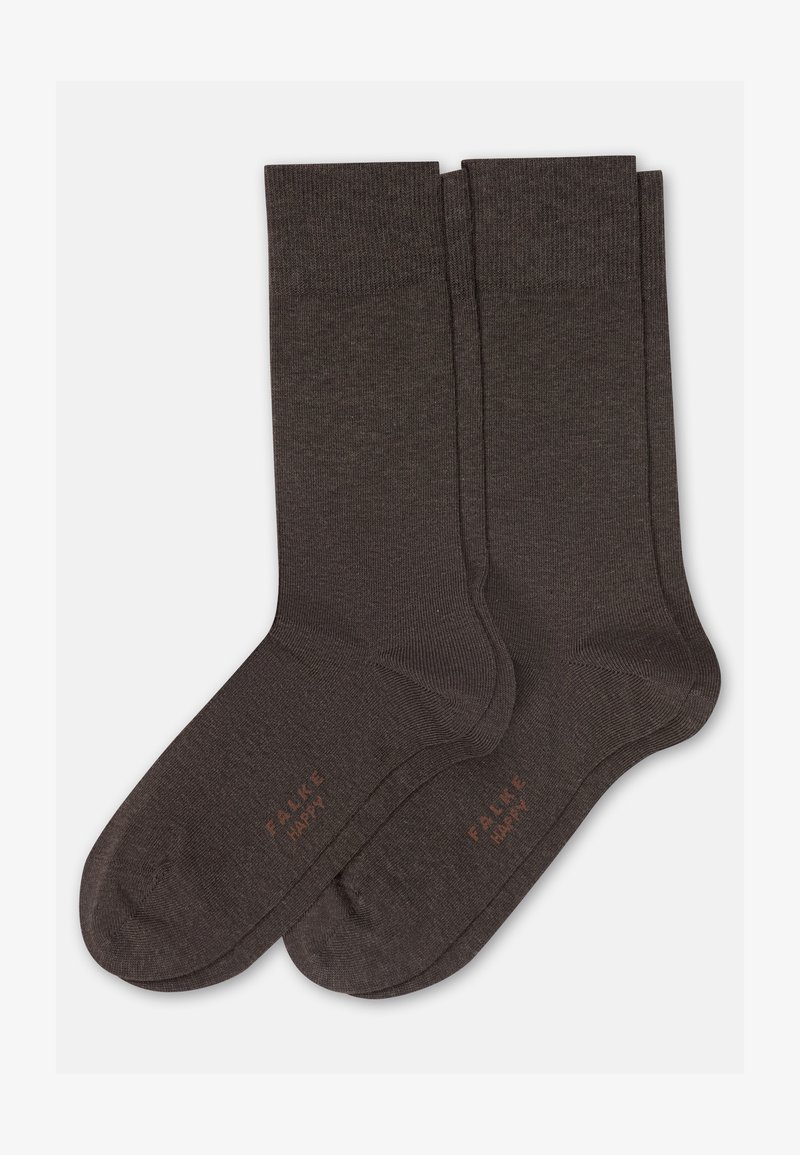 Zwei dunkelbraune Socken bis zur Mitte der Wade mit geripptem Bund, flach liegend, mit kleinem Text "FALKE HAPPY" nahe den Zehen.