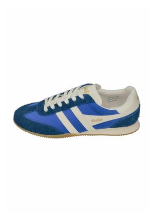 Blue and white Gola sneaker with suede accents, white laces, and rubber sole shown from the outer side.