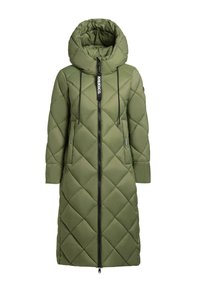 Kurtka puchowa w kolorze zielonym, pikowana, z wysokim kołnierzem, kapturem, zamek błyskawiczny z przodu oraz troczkami. Posiada ukośne przeszycia i kieszenie po bokach.