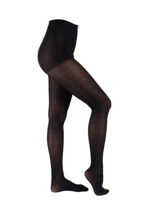 Collant neri con motivo a zigzag, caratterizzati da un tessuto opaco in vita e materiale trasparente sulle gambe. Texture liscia in generale.