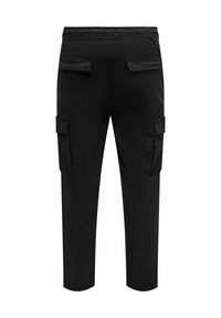 Černé cargo kalhoty s úzkým střihem, s elastickým páskem, dvěma zadními kapsami a dvěma bočními cargo kapsami. Hladký textilní materiál.