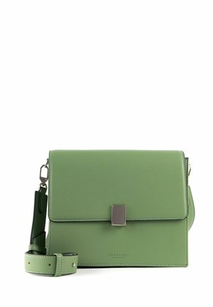 Sac à main structuré vert en simili cuir. Comprend un rabat avant avec une fermeture métallique et une bandoulière réglable. Design simple.