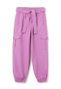 Pink cargo pants with a drawstring waist, elastic cuffs, and four pockets. Made of lightweight fabric with a smooth texture.