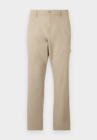 Beige cotton trousers with a straight-leg design, featuring a front button closure and subtle stitching details. Smooth texture, no patterns.