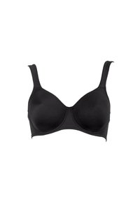 Black molded cup bra with adjustable straps, smooth texture, no embellishments, and a hook-and-eye closure at the back.