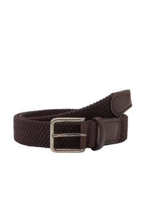 Dark brown woven fabric belt with silver metal buckle and dark brown leather accents, rolled up on white background.