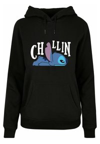 Fekete kapucnis pulóver, amelyen egy nagy grafika található egy kék karakterről, aki fekszik, rózsaszín fülekkel, és a "CHILLIN" szó vastag fehér betűkkel.