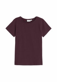Burgunderfarbendes T-Shirt mit kurzen Ärmeln aus weicher Baumwolle. Es hat einen runden Ausschnitt und einen lockeren Schnitt, ohne Muster oder Verzierungen.