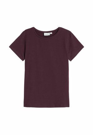 Bordeaux kleurige T-shirt met korte mouwen van zachte katoen. Heeft een ronde halslijn en een relaxte pasvorm, zonder patronen of versieringen.