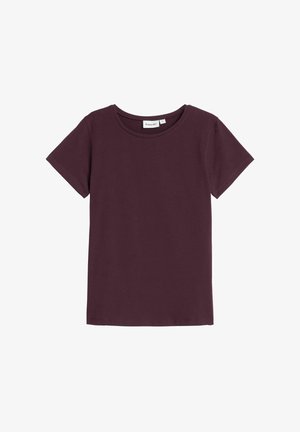 T-shirt bordeaux à manches courtes en coton doux. Il présente un col rond et une coupe décontractée, sans motifs ni décorations.