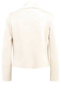 Cream-colored leather jacket, featuring a structured collar, long sleeves, and a smooth texture with minimal stitching details.