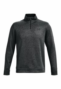 Pullover zip nero realizzato in tessuto testurizzato, dotato di maniche lunghe e colletto alto, con un piccolo logo sul petto.