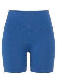 Blå högmidjade shorts i ett mjukt, elastiskt material. Har en figurnära passform, knälång längd och rena sömmar utan synlig hårdvara.