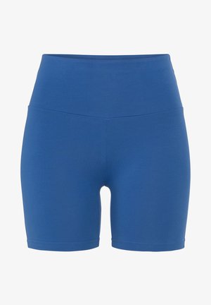 Blå högmidjade shorts i ett mjukt, elastiskt material. Har en figurnära passform, knälång längd och rena sömmar utan synlig hårdvara.