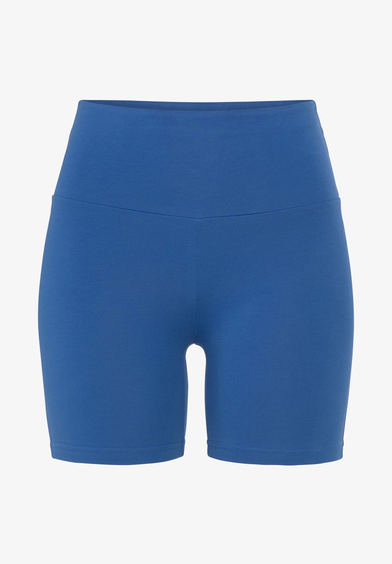 Blå högmidjade shorts i ett mjukt, elastiskt material. Har en figurnära passform, knälång längd och rena sömmar utan synlig hårdvara.