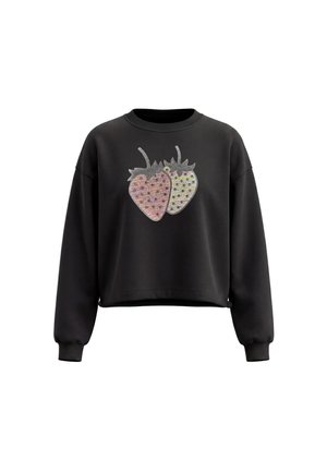 Sort langærmet sweatshirt med to store glitrende jordbær i pink og hvid på frontens midte.