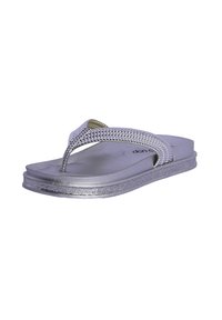 Chanclas plateadas con una correa texturizada adornada con pequeños strass, que cuentan con una suela plana y una base elevada brillante.