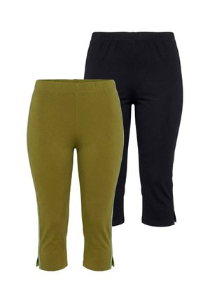 Zwei Paar kurze Leggings, eines olivgrün und eines schwarz, beide mit elastischem Bund und kleinen seitlichen Schlitzen am Saum.