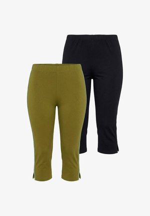 Zwei Paar kurze Leggings, eines olivgrün und eines schwarz, beide mit elastischem Bund und kleinen seitlichen Schlitzen am Saum.