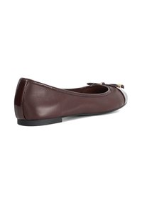 Burgundy leather ballet flats with a rounded toe, smooth finish, small black heel, and a decorative bow accent on the front.