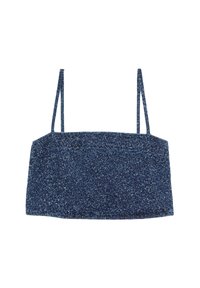 Námořnická modrá krátká halenka s tenkými ramínky, vyrobená z melírované pleteniny. Má obdélníkový tvar a čisté linie. Bez viditelného kovového hardware.
