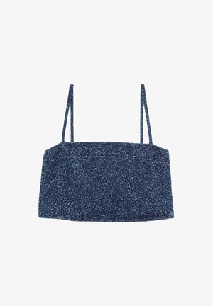 Tummansininen lyhyt toppi ohutolkaimilla, valmistettu pilkullisesta neulekankaasta. Ominaisuudet suorakulmainen muoto ja siistit linjat. Ei näkyvää metalliosaa.