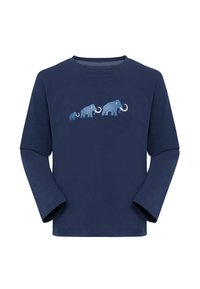 T-shirt a maniche lunghe blu navy realizzato in morbido tessuto, caratterizzato da una stampa di tre elefanti blu in fila, che mostrano diverse dimensioni e zanne.