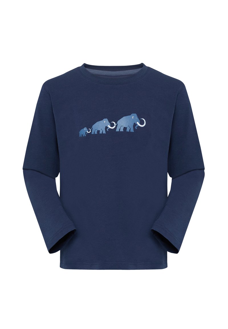 T-shirt a maniche lunghe blu navy realizzato in morbido tessuto, caratterizzato da una stampa di tre elefanti blu in fila, che mostrano diverse dimensioni e zanne.