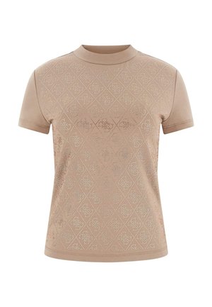 Beige T-shirt met korte mouwen en een ronde hals, voorzien van een geometrisch patroon met uitsnijdingen aan de voorkant. Gladde textuur, nauwsluitend model.