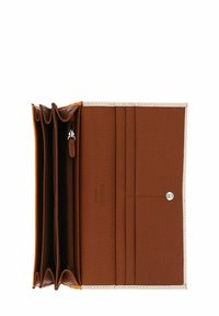 Portefeuille en cuir marron avec plusieurs compartiments, emplacements pour cartes à droite, et une poche à monnaie zippée au centre, ouvert à plat sur fond blanc.