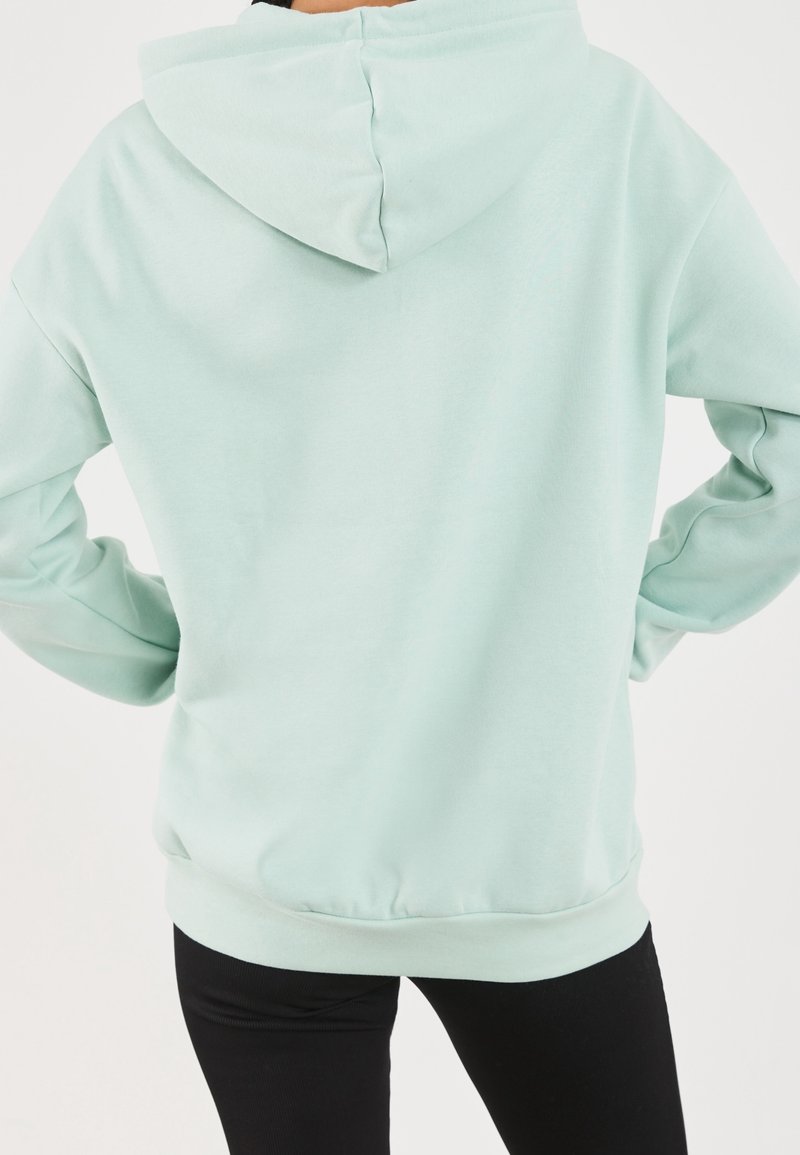 Sudadera verde menta con una textura suave, que cuenta con una capucha con cordón, puños acanalados y cinturilla. La vista trasera no muestra logotipos ni patrones visibles.