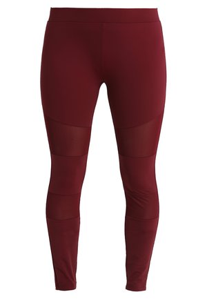 Bordové športové legíny vyrobené z elastického materiálu, s priehľadnými panely na kolenách a hladkým, priliehavým strihom.